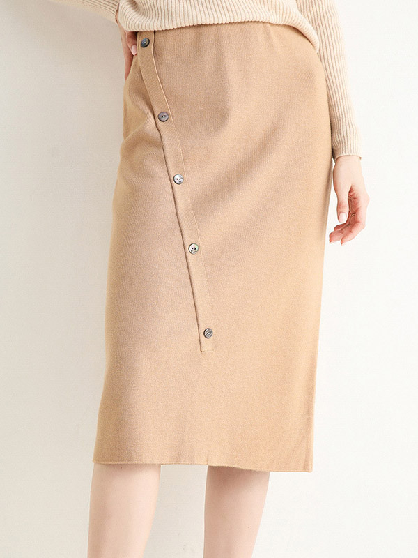 Camel Oblique Button Wrap Maxi Knitted Skirts