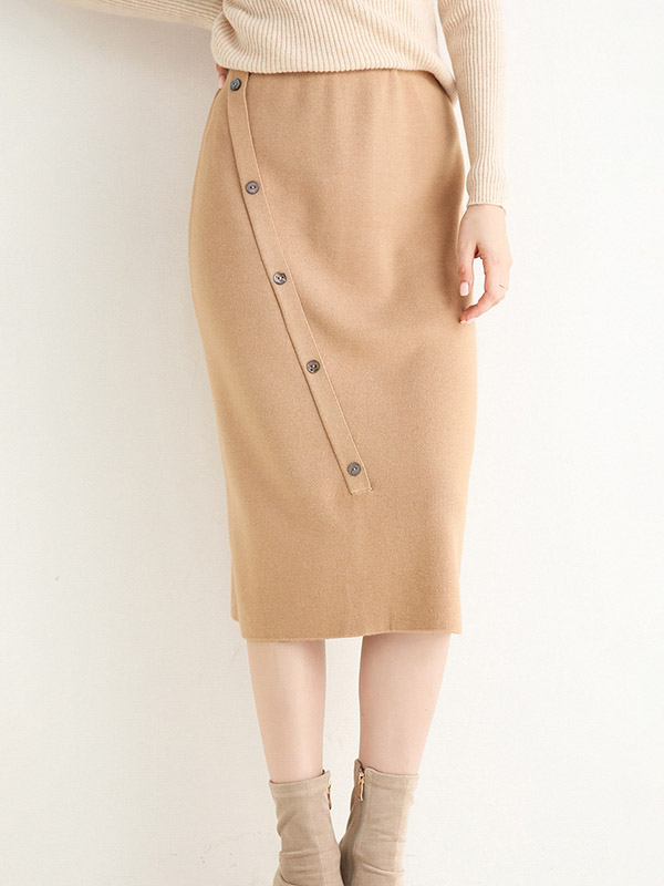 Camel Oblique Button Wrap Maxi Knitted Skirts