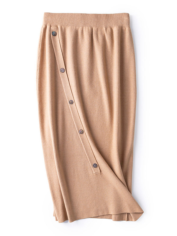 Camel Oblique Button Wrap Maxi Knitted Skirts