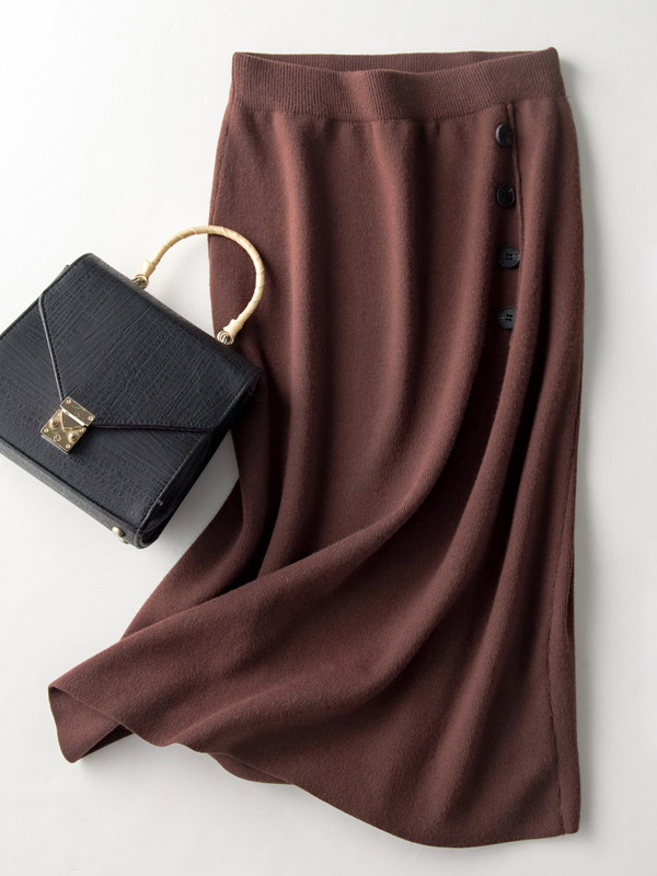 Brown A-line Knitted Skirts With Side Buttons