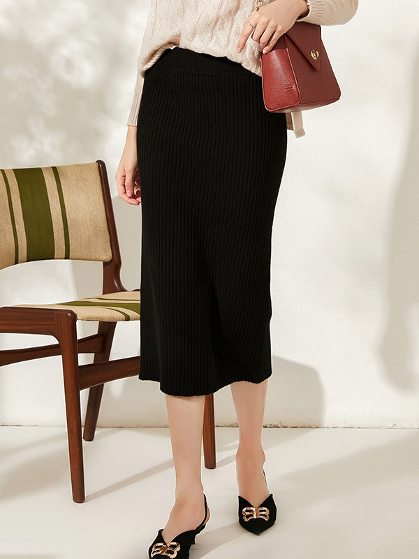 Black High-waist Split Detaill Knit Pencil Skirts