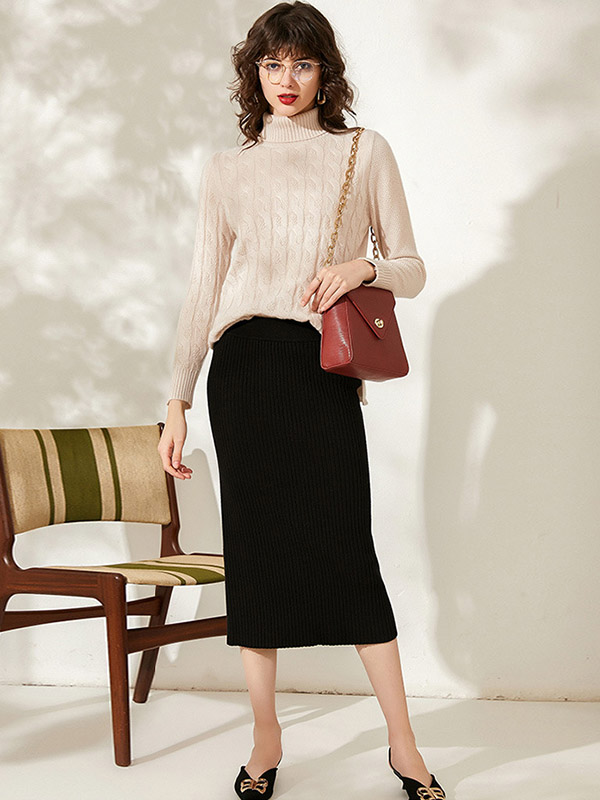 Black High-waist Split Detaill Knit Pencil Skirts