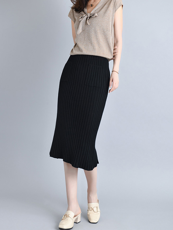 Black Knit Wrap Skirts With Stripe Texture