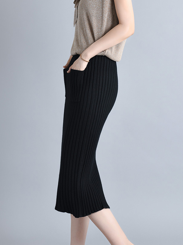 Black Knit Wrap Skirts With Stripe Texture