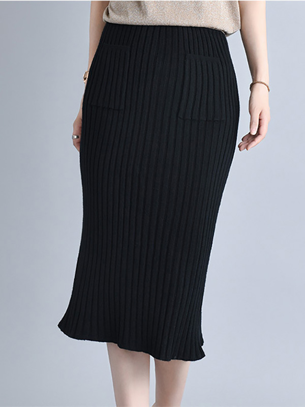 Black Knit Wrap Skirts With Stripe Texture