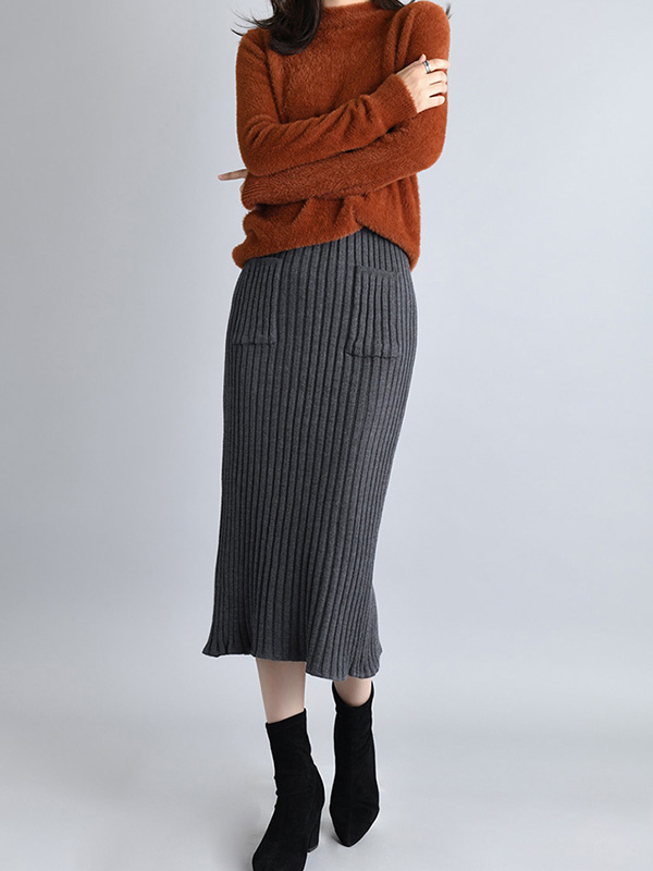 Grey Knit Wrap Skirts With Stripe Texture