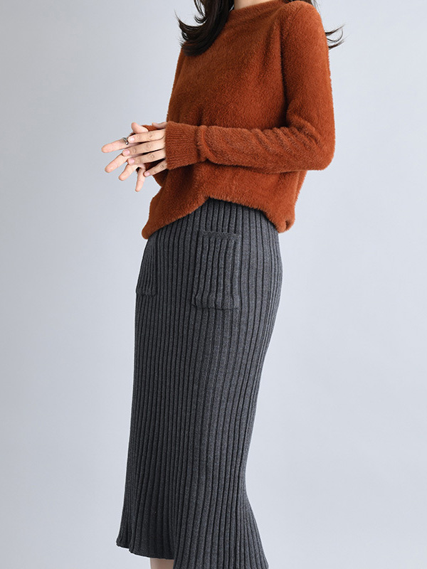 Grey Knit Wrap Skirts With Stripe Texture