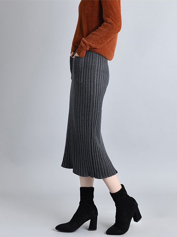 Grey Knit Wrap Skirts With Stripe Texture