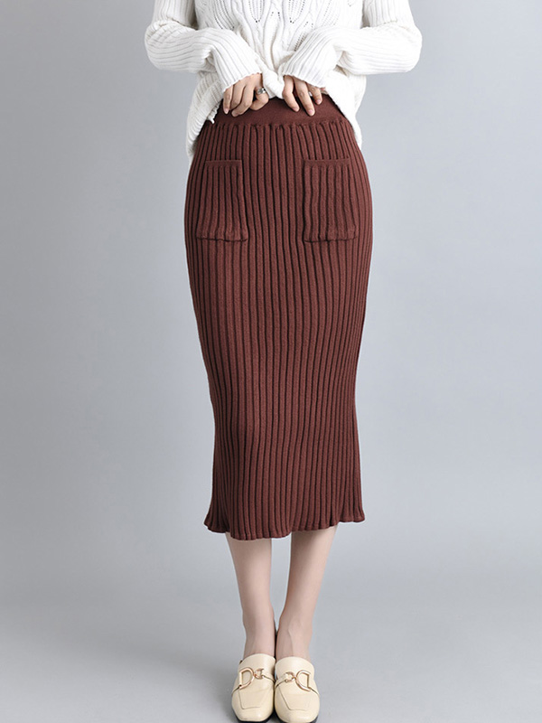 Brown Knit Wrap Skirts With Stripe Texture