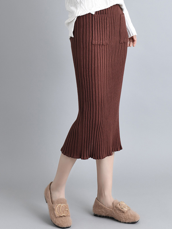 Brown Knit Wrap Skirts With Stripe Texture