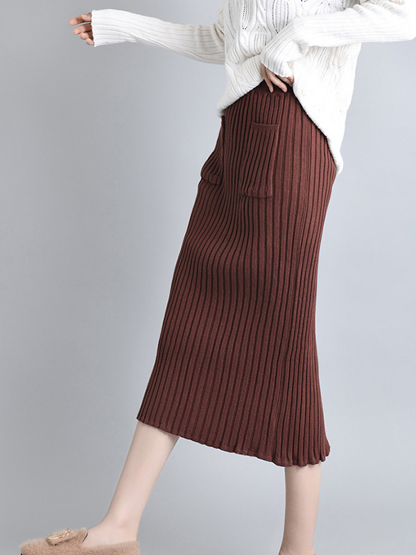 Brown Knit Wrap Skirts With Stripe Texture