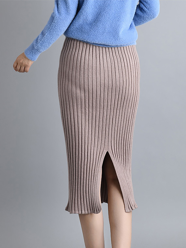 Camel Knit Wrap Skirts With Stripe Texture