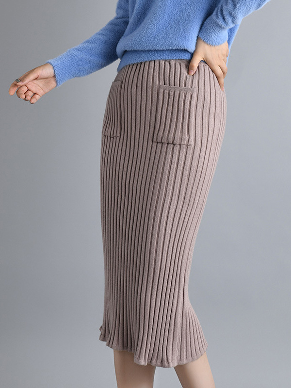 Camel Knit Wrap Skirts With Stripe Texture