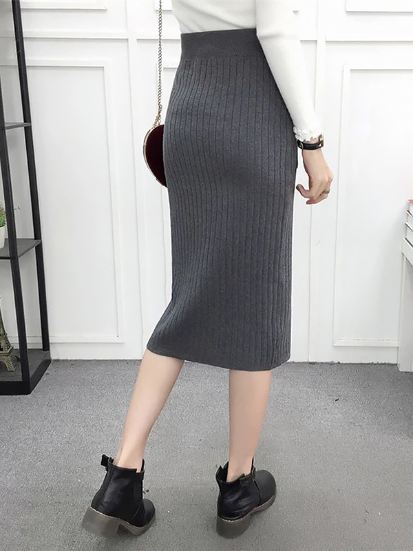 Grey Front Split Design Knitted Skirts