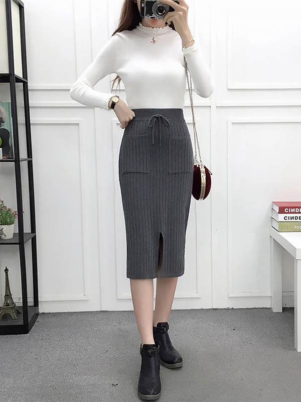 Grey Front Split Design Knitted Skirts