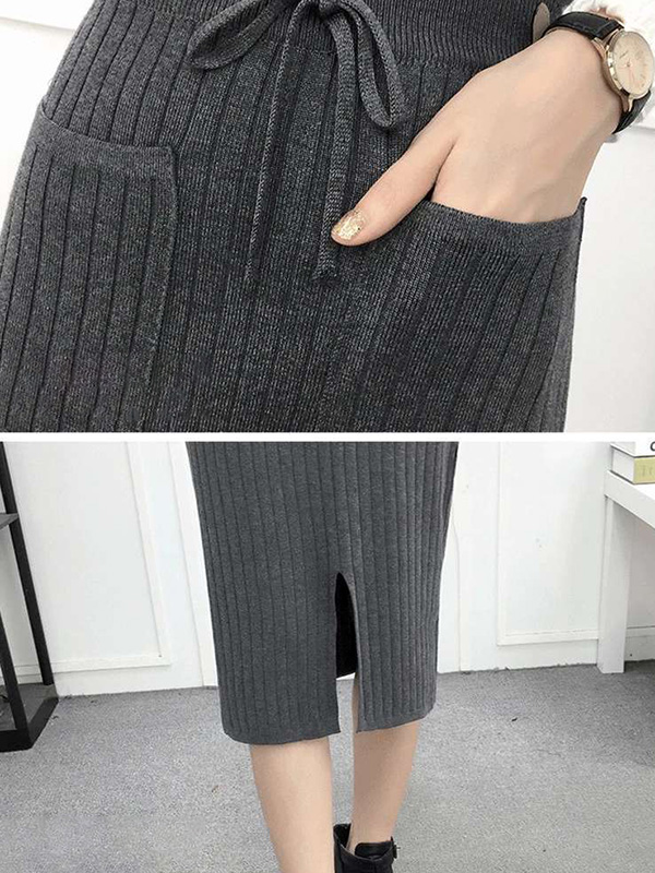 Grey Front Split Design Knitted Skirts