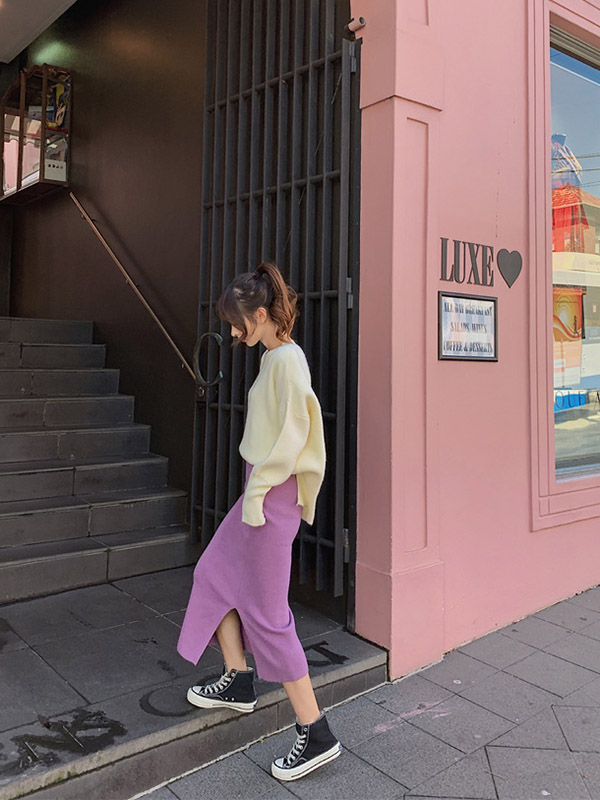 Purple Fine Knitted High-waist Maxi Knit Skirts