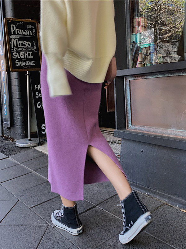 Purple Fine Knitted High-waist Maxi Knit Skirts