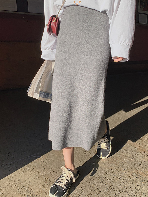 Grey Fine Knitted High-waist Maxi Knit Skirts