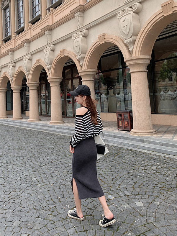 Dark Grey Fine Knitted High-waist Maxi Knit Skirts