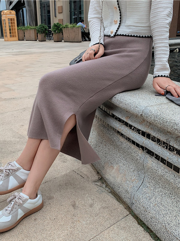 Khaki Fine Knitted High-waist Maxi Knit Skirts