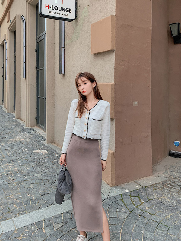 Khaki Fine Knitted High-waist Maxi Knit Skirts