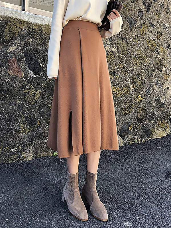 Khaki Cutout Edge A-line Knitted Skirts