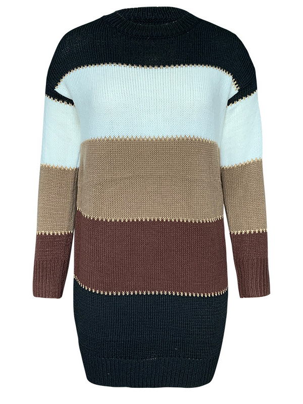 Brown Stripe Oversized Sweater Dress in Color Block