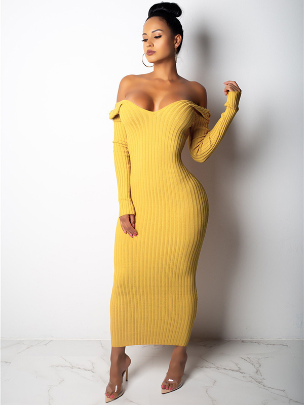 Yellow Deep V-Neck Knitted Maxi Dress