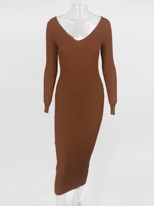 Brown Deep V-Neck Knitted Maxi Dress