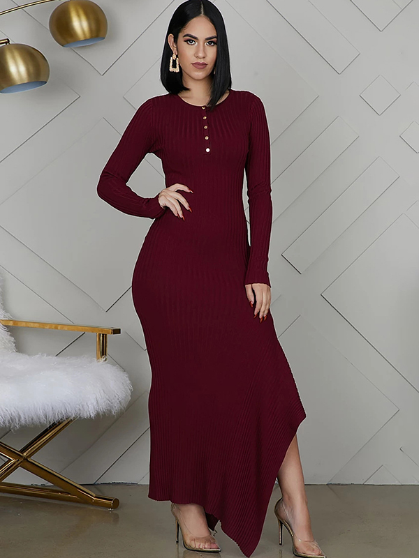 Burgundy Round Neck Asymmetrical Maxi Dress 