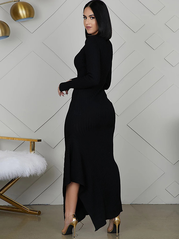 Black Round Neck Asymmetrical Maxi Dress 