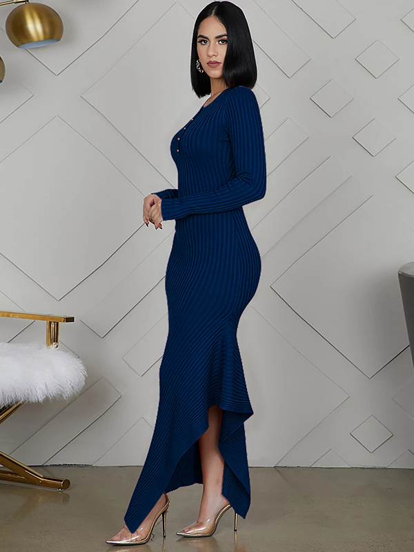 Navy Blue Round Neck Asymmetrical Maxi Dress 