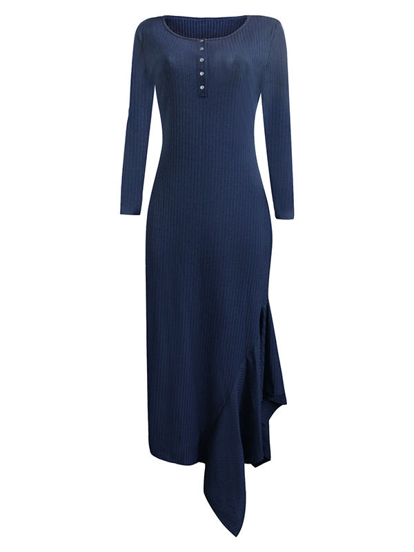 Navy Blue Round Neck Asymmetrical Maxi Dress 