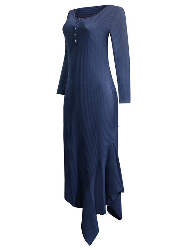 Navy Blue Round Neck Asymmetrical Maxi Dress 