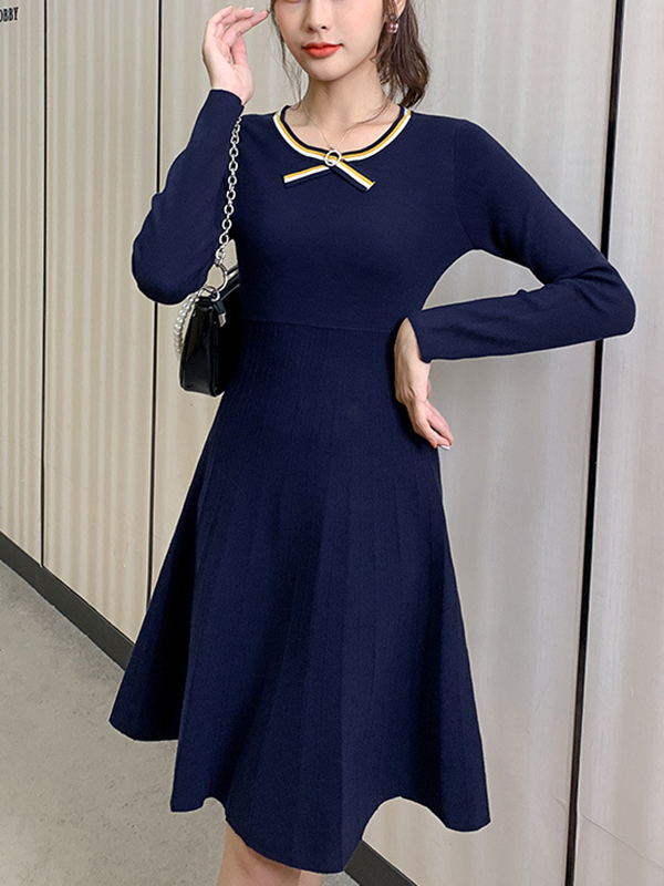 Navy Blue Scarf Collar Knitted Skater Dress