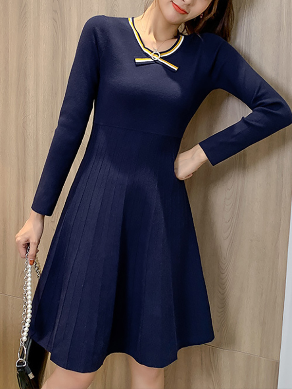 Navy Blue Scarf Collar Knitted Skater Dress