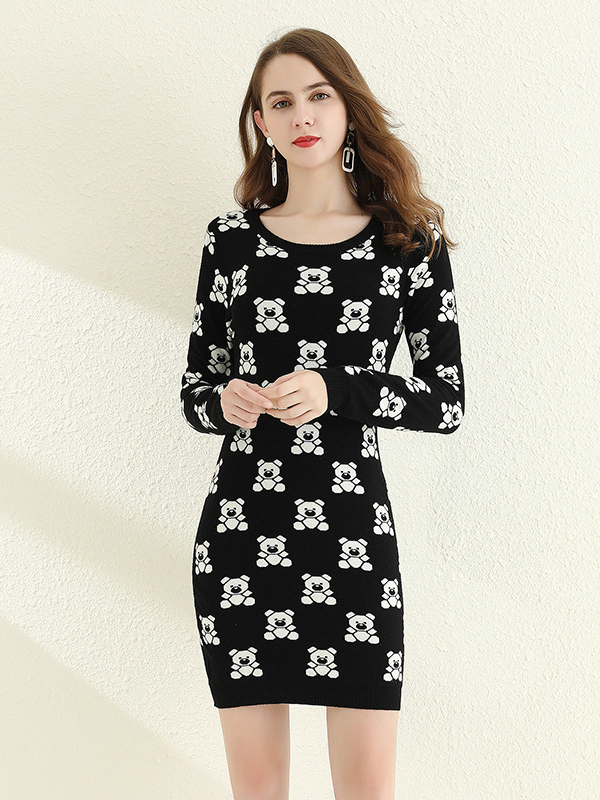 Black Bear Print Sweater Dress