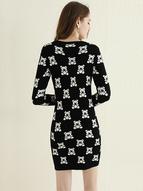 Black Bear Print Sweater Dress