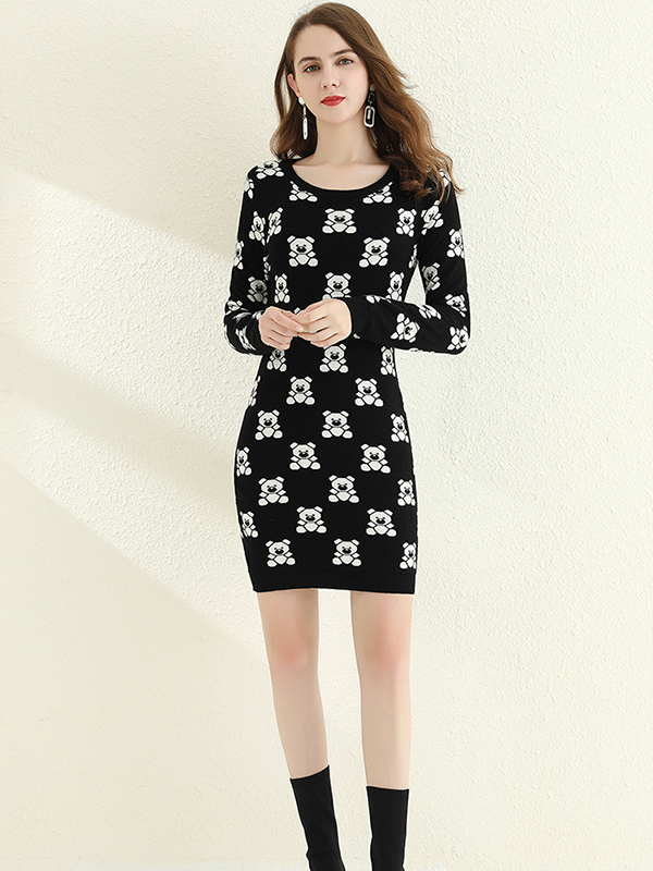 Black Bear Print Sweater Dress