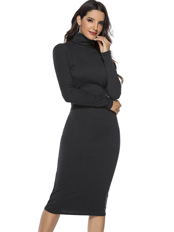 Black Roll Neck Knitted Midi Dress