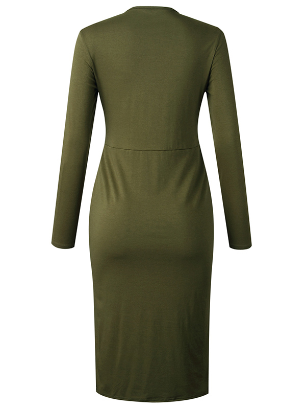 Army Green Waist Knot Midi Knitted Dress