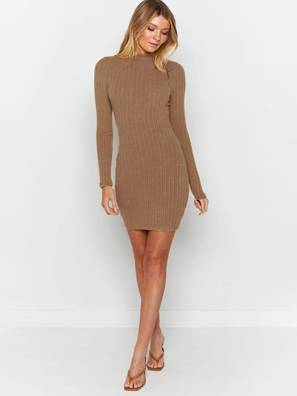 Brown High Neck Knitted Bodycon Mini Dress