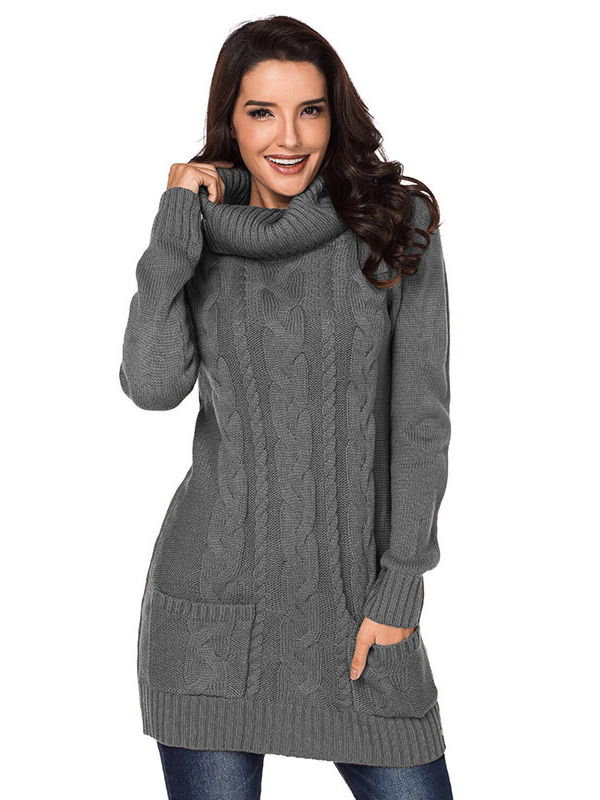 Grey Roll Neck Chunky Knitted Dress