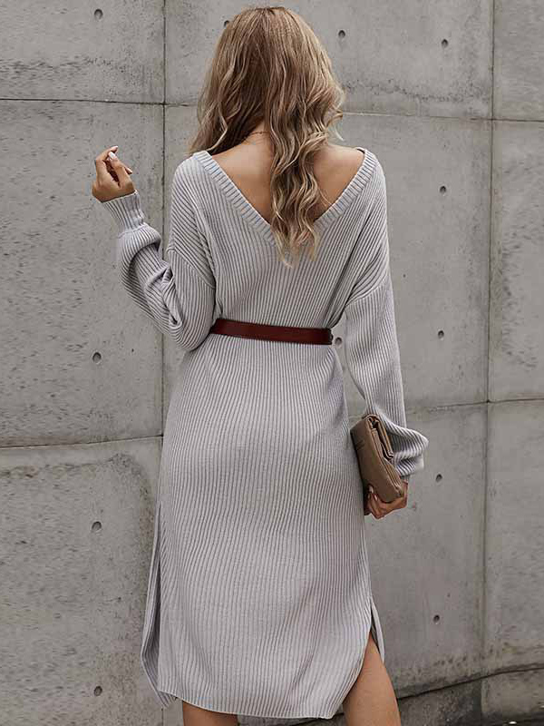 Grey V-back Knitted Dress