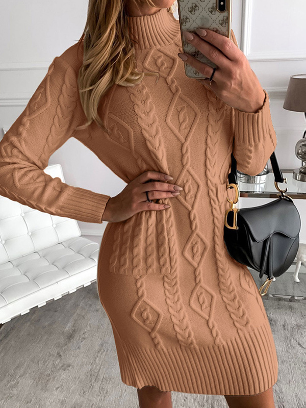 Brown High Neck Cable Sweater Dress