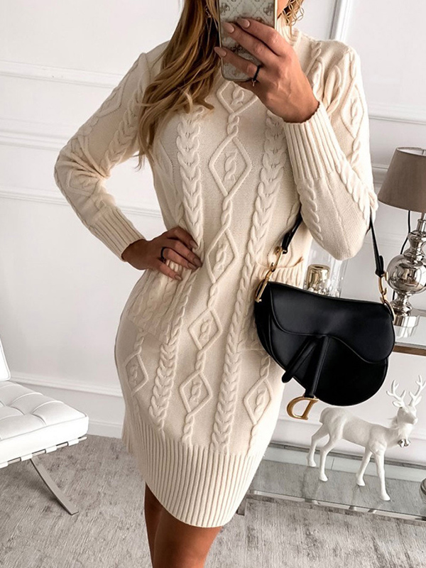 Beige High Neck Cable Sweater Dress