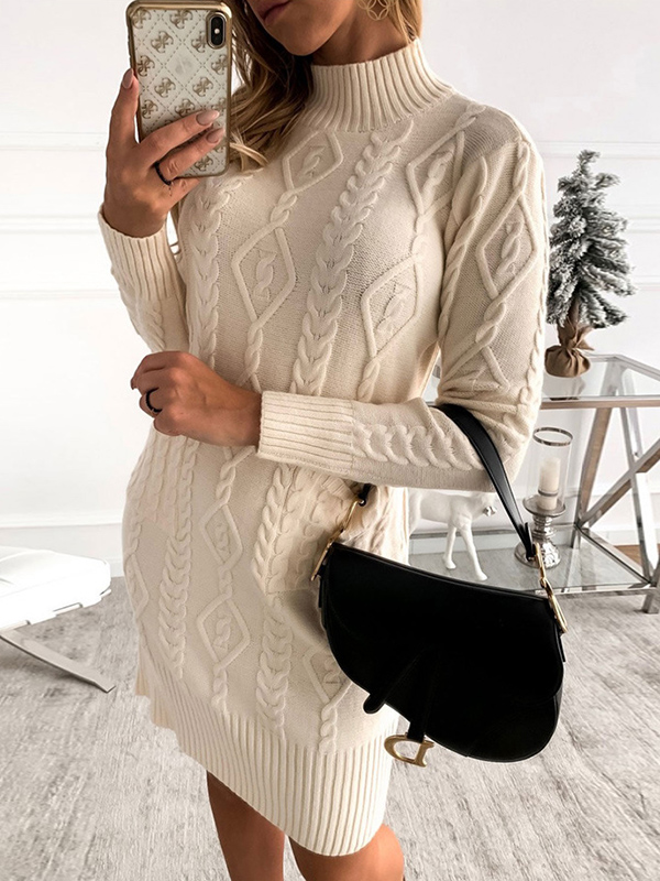 Beige High Neck Cable Sweater Dress