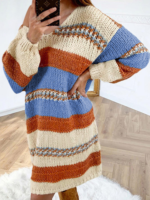 Deep V-neck Striped Sweater Dress in Multicolor