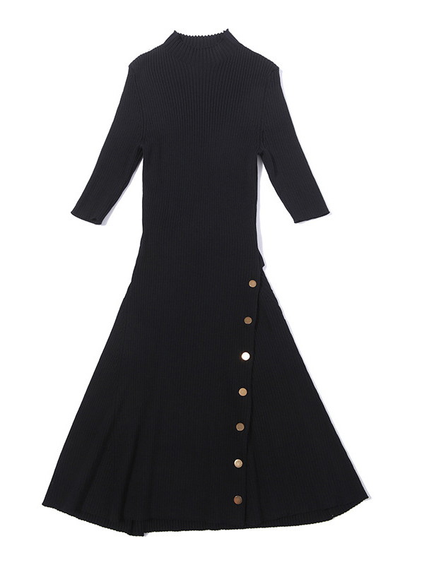 Black Stand Collar Button Decoration Knit Midi Dress